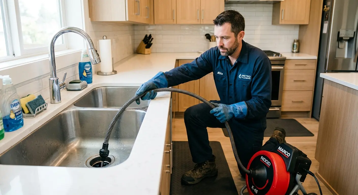 Drain cleaning technician using a motorized snake on a kitchen sink in Hapeville