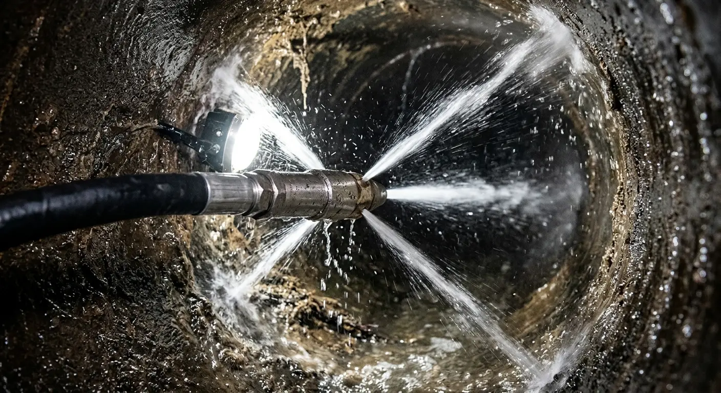 High-pressure hydro jetting nozzle cleaning sewer pipe for Trenchless Sewer Repair in Hapeville