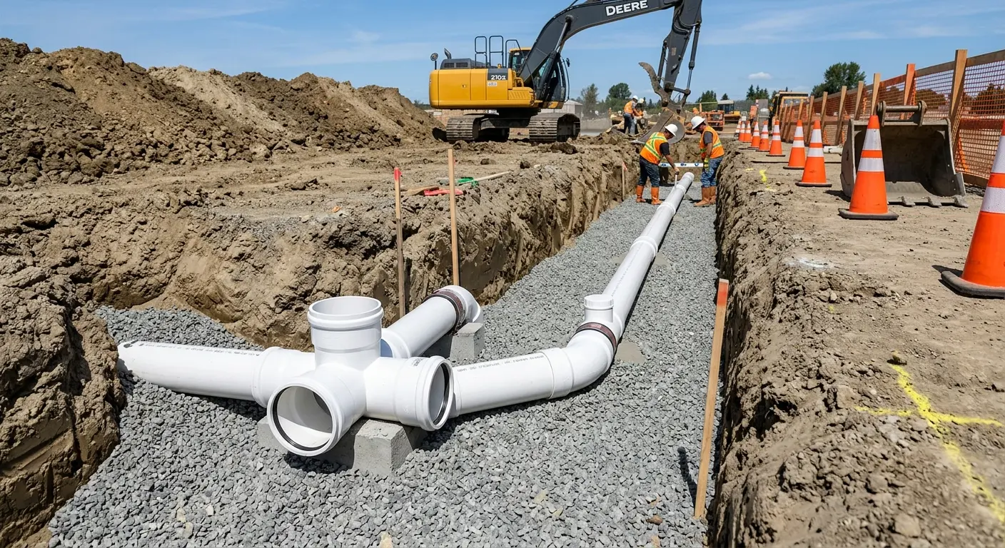 New PVC sewer pipe installation in open trench for Sewer Backup in Hapeville